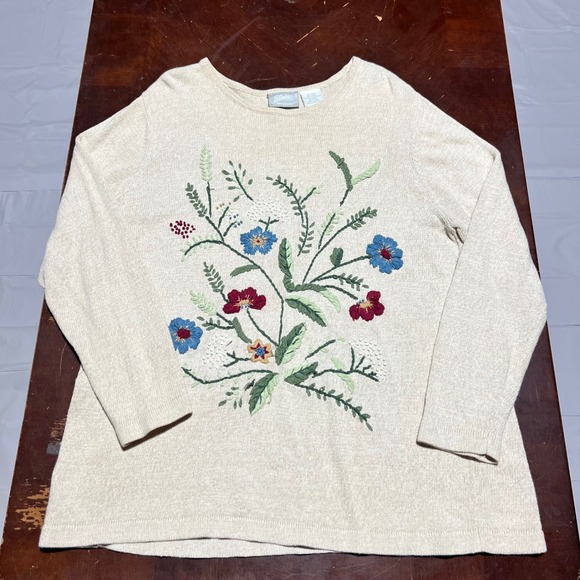 Blair Sweaters - Blair Women Oatmeal Floral Embroidered Ramie Cotton Knit Sweater L Large Vintage